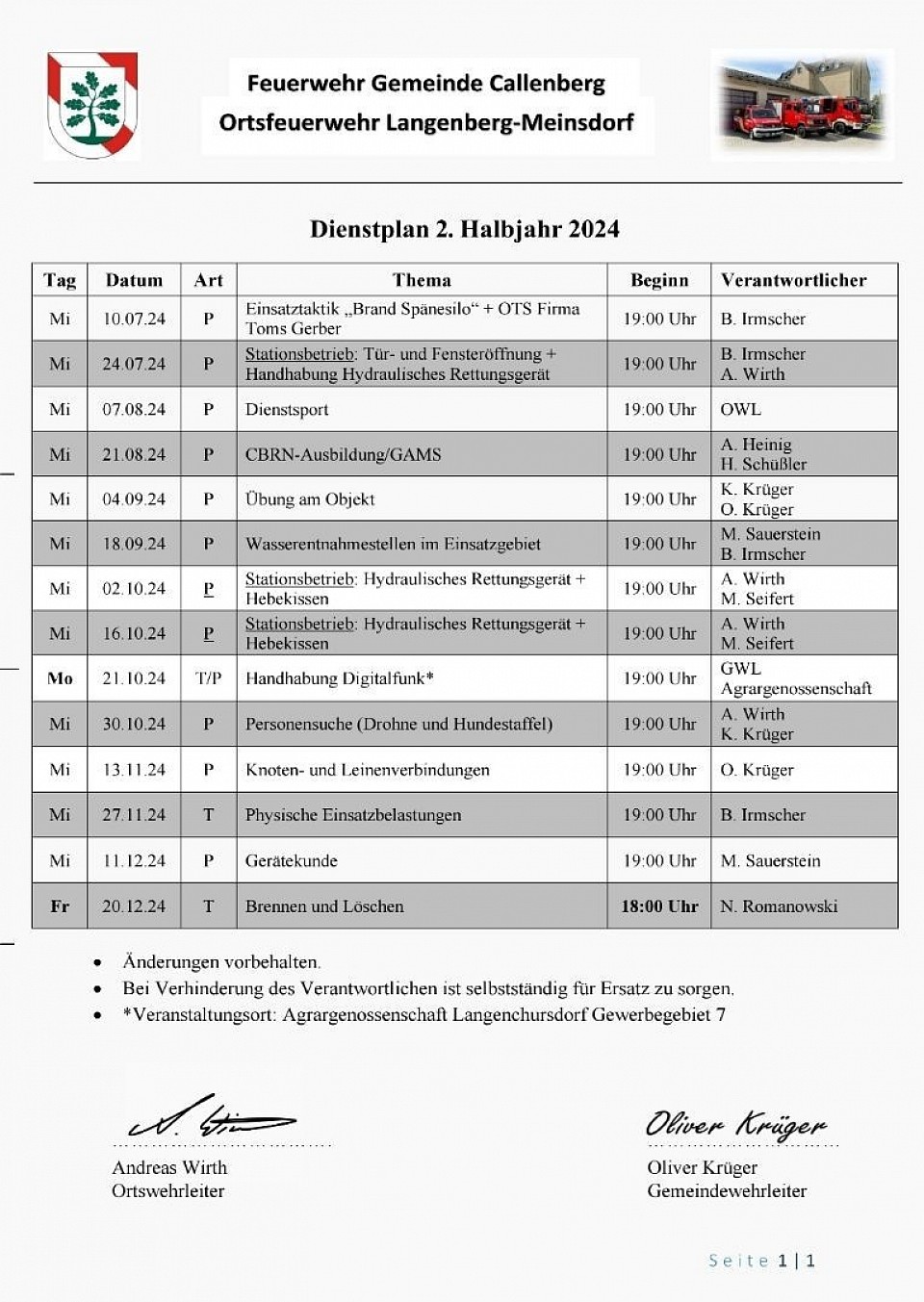 Dienstplan 2024 zweites Halbjahr, Ortsfeuerwehr Langenberg - Meinsdorf