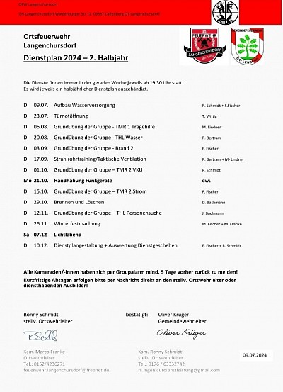 Dienstplan 2024 erstes Halbjahr Ortsfeuerwehr Langenchursdorf