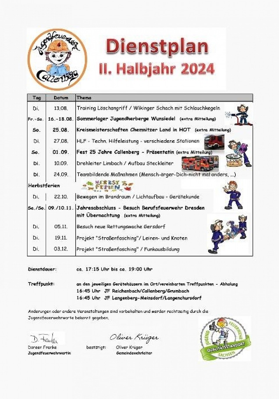 Dienstplan 2024 zweites Halbjahr Jugendfeuerwehr Callenberg